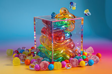 Colorful Assortment of Candy Fills a Glass Box, A rainbow-colored transparent gift box revealing a whirl of colorful candy inside, AI Generatedの素材