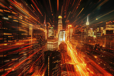 A bustling urban city illuminated by countless tall buildings, creating a dazzling display of lights in the night sky, A radiating cityscape with glittering skyscrapers at night, AI Generatedの素材