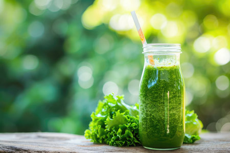 Refreshing Green Smoothie in Mason Jar With Straw, A refreshing green juice in a reusable glass bottle with a straw, AI Generatedの素材