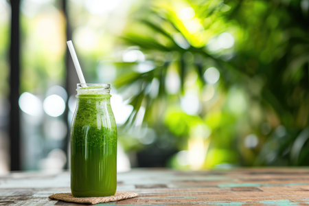 A refreshing green smoothie made with fresh ingredients, served in a glass with a straw, A refreshing green juice in a reusable glass bottle with a straw, AI Generatedの素材