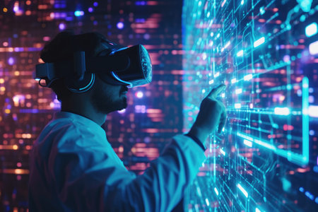 Man Wearing Virtual Reality Headset in Front of Computer Screen, A researcher analyzing big data in a virtual reality setting, AI Generatedの素材