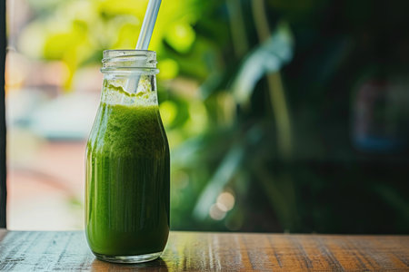 A refreshing green smoothie made with fresh ingredients, served in a traditional mason jar with a reusable straw, A refreshing green juice in a reusable glass bottle with a straw, AI Generatedの素材