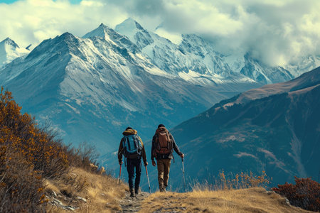 Two People Hiking up a Hill With Mountains in the Background, A rewarding mountain hiking experience featuring two friends and their strong camaraderie, AI Generatedの素材