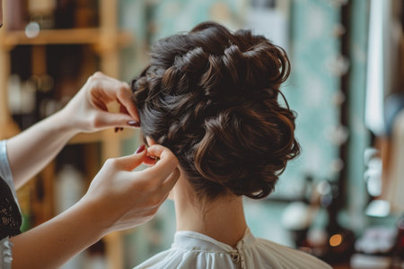 A woman sits in a salon chair as a professional hair stylist styles her hair with precision and expertise, A retro-style hairdresser working on a beehive hairdo, AI Generatedの素材