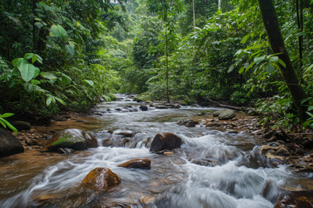 A clear, meandering stream cuts through a dense forest of vibrant green foliage, A river flowing freely through a dense rainforest, AI Generatedの素材