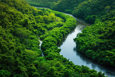 A powerful river cuts through a dense and vibrant green forest, creating a stunning natural landscape, A river winding through a lush rainforest, AI Generatedの素材