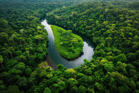 Majestic River Flowing Through a Verdant Green Forest, A river winding through a lush rainforest, AI Generatedの素材