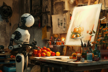 A robot is standing in front of a table, showcasing its presence and interaction with objects, A robot artist sketching a still life, AI Generatedの素材