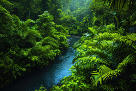 A Serpentine River Meandering Through a Dense Verdant Forest, A river twisting through the vibrant undergrowth of a rainforest, AI Generatedの素材