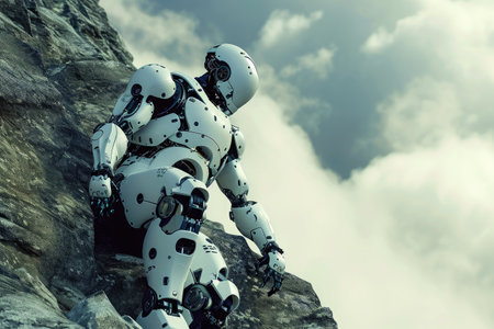 A man dressed in a white suit climbs up a rugged mountain trail, displaying determination and physical strength, A robot climbing up a mountain, AI Generatedの素材