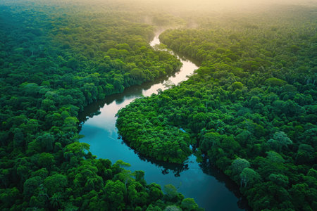 A winding river cuts through a lush and vibrant green forest, showcasing the natural beauty of the landscape, A river that gracefully sections a rainforest, AI Generatedの素材