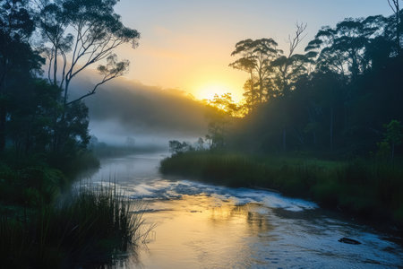 The sun sets over a gently flowing river nestled among a dense forest of trees, A river trailing through rainforest terrain at dawn, AI Generatedの素材