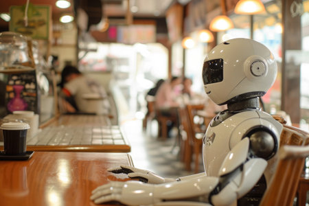 A robot sits at a table, holding a cup of coffee and appearing ready to take a sip, A robot serving customers in a cafe, AI Generatedの素材