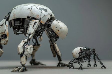 In this photo, two robots are seen standing side by side in a factory setting, showcasing advanced technology and automation, A robot designing another robot, AI Generatedの素材