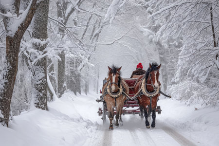 Two horses, harnessed together, pulling a traditional sleigh down a road covered in white snow, A romantic horse-drawn carriage ride through a winter wonderland, AI Generatedの素材