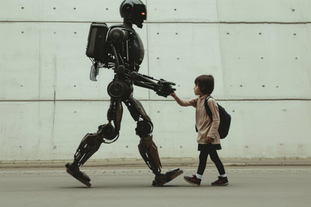 A little boy confidently walks alongside a towering, metallic robot in a spacious park, A robot walking a child to school, AI Generatedの素材