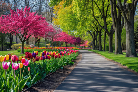 A pathway winding through a colorful garden brimming with vibrant flowers in full bloom, A row of vibrant tulip trees in a city park, AI Generatedの素材