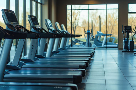 A row of functional treadmills lined up neatly in a spacious and well-lit gym, A row of empty treadmills facing a gym window, AI Generatedの素材