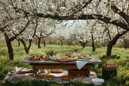 A Wooden Picnic Table Surrounded by Apple Trees in an Orchard, A rustic picnic setup under the blooming branches of an apple orchard, AI Generatedの素材