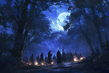 A diverse group of individuals standing together in the heart of a densely wooded forest, A secret witches' coven gathering in a moonlit forest, AI Generatedの素材