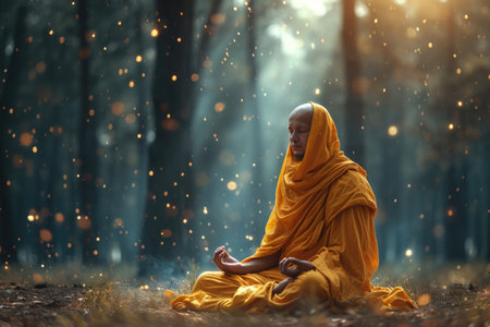 A man wearing a yellow robe sits in the center of a dense forest, A serene Buddhist monk meditating in a quiet forest, AI Generatedの素材