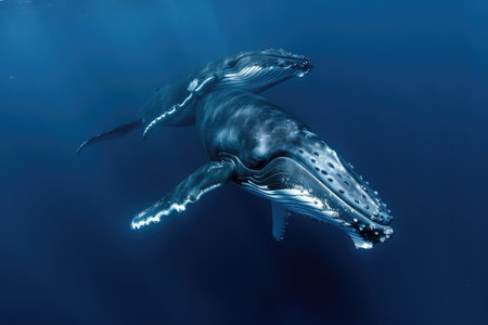 A large humpback whale gracefully swims through the ocean, showcasing its magnificent size and strength, A serene and calming image of a Humpback Whale gliding with its young, AI Generatedの素材