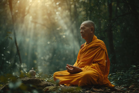 A middle-aged man dressed in casual attire is seen sitting on a fallen log surrounded by trees in a dense forest, A serene Buddhist monk meditating in a quiet forest, AI Generatedの素材