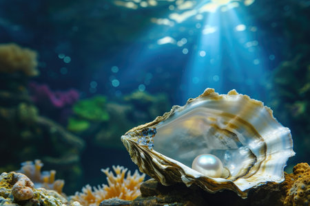 A detailed view of a seashell sitting atop a rough rocky surface, showcasing intricate patterns and textures, A serene underwater scene highlighting a pearl in an oyster, AI Generatedの素材