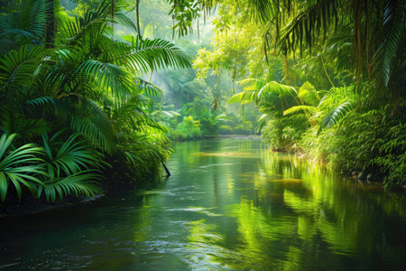 A river cuts through a dense green forest, creating a serene and picturesque scene, A shimmering river lined with lush vegetation in the rainforest, AI Generatedの素材