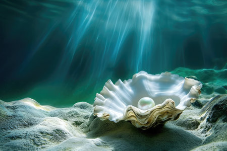 A close-up photo highlighting a sizeable white shell placed on top of a sandy beach, A serene underwater scene highlighting a pearl in an oyster, AI Generatedの素材