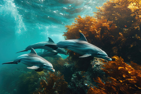 A pod of dolphins swimming together in the open ocean, gracefully leaping and diving amidst the waves, A series of dolphins playfully swimming between the underwater canyons, AI Generatedの素材