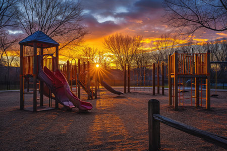 A playground filled with children enjoying various activities as the vibrant colors of the sunset paint the sky behind them, A serene playground under the enchanting glow of sunset, AI Generatedの素材