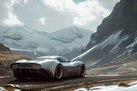 A car drives along a winding road nestled among towering mountains, their peaks covered in snow, A silver sports car driving through a mountain pass, AI Generatedの素材