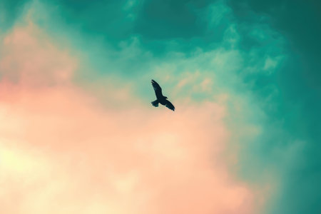 A majestic bird with a wide wingspan gracefully flies through a cloudy sky, A single bird flying in the sky, AI Generatedの素材