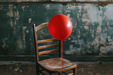 A vibrant red balloon perches on top of a sturdy wooden chair, A single red balloon tied to a chair in a party setting, AI Generatedの素材