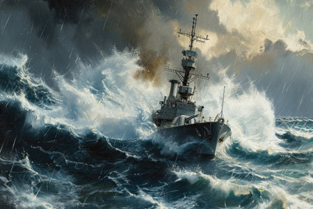 A painting depicting a ship navigating through raging waves and turbulent weather conditions, A small but sturdy naval frigate moving in convoy through rough stormy seas, AI Generatedの素材