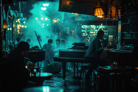 A diverse group of individuals gathered at a bar, engaging in lively conversation and enjoying their drinks, A smoky jazz bar in a busy city at night, AI Generatedの素材