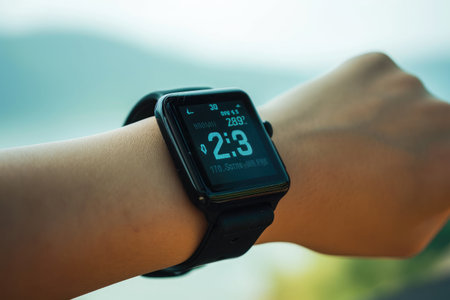 A detailed view of a persons wrist showcasing a smart watch with a black leather strap and modern features, A smartwatch monitoring a user's health statistics, AI Generatedの素材