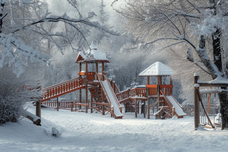 A playground amidst a snowy forest, with swings, slides, and a climbing structure surrounded by trees and a blanket of pristine snow, A snow-covered playground in the heart of winter, AI Generatedの素材