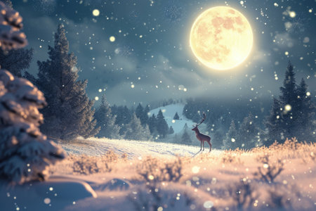 A deer stands gracefully on a snow-covered hill illuminated by the light of a full moon, A snowy Christmas Eve landscape with reindeer in the night sky, AI Generatedの素材