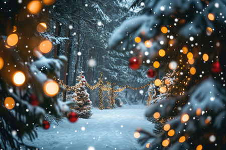 A captivating winter scene with snow-covered trees adorned with colorful Christmas lights, creating a festive atmosphere, A snowy winter forest with Christmas decorations, AI Generatedの素材