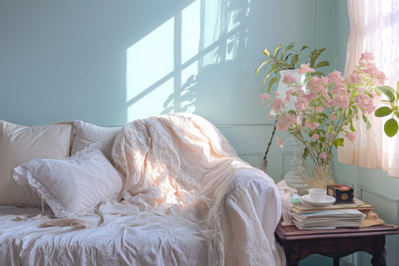 Spacious Living Room With Couch and Table, A soothing blend of pastel colors creating a soft, dream-like ambiance, AI Generatedの素材