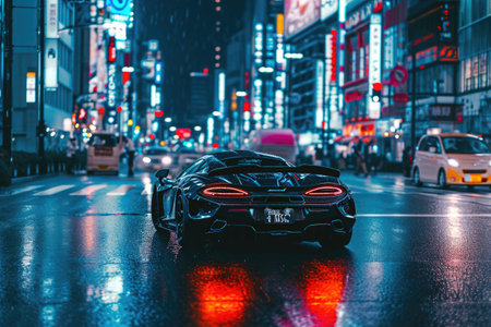 A sleek black sports car speeds down a bustling city street, capturing the excitement of fast-paced urban life, A sports car blending into the rush of a city night, AI Generatedの素材