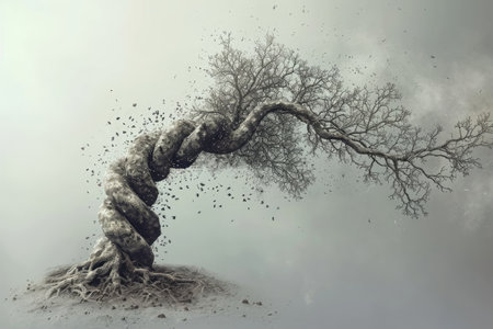 A tall oak tree is growing out of the ground, surrounded by lush green grass and under a clear blue sky, A spinal cord depicted as a beautiful tree, AI Generatedの素材