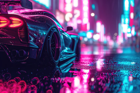 A car is parked on the side of a street at night, illuminated by the surrounding streetlights, A sports car gleaming under neon city lights, AI Generatedの素材
