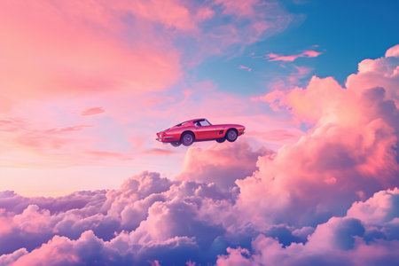 A red car leaps through the air against a backdrop of billowing clouds, A sports car floating in a surreal sky, AI Generatedの素材