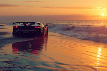 A sleek sports car drives on a sandy beach against the backdrop of a mesmerizing sunset, A sports car moving on the beach during sunset, AI Generatedの素材