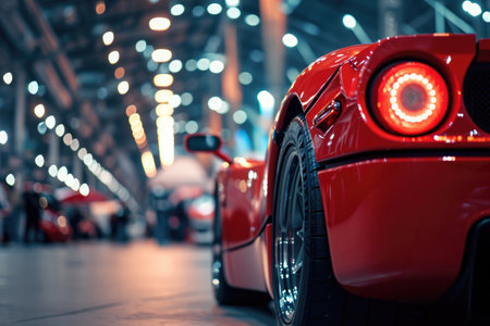 This close-up photo showcases a vibrant red sports car in clear focus, highlighting its sleek design and powerful presence, A sports car partaking in a car show event, AI Generatedの素材