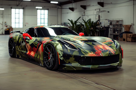 A sports car with camouflage print is parked in a garage, blending into its surroundings, A sports car with a jungle camouflage design, AI Generatedの素材