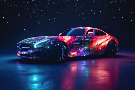 A car adorned with a striking and lively design featuring vibrant patterns and bold colors stands out among other vehicles in a parking lot, A sports car with galactic space paint, AI Generatedの素材